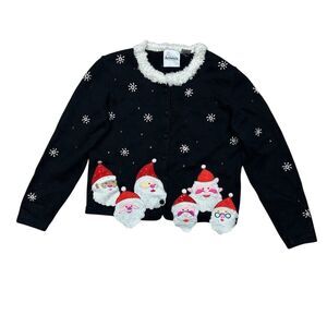 Arriviste Women's Black Christmas Santa Felt Applique Cardigan Sweater M Vintage